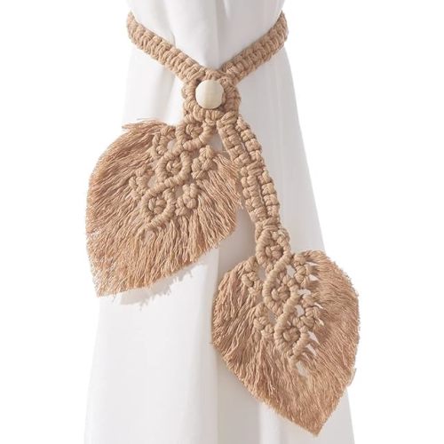 2 Pack Boho Curtain Tiebacks,Hand Knitting Cotton Curtain Holdbacks with Adjustable Natural Wooden Bead,Double Leaves Farmhouse Theme Curtain Tie Backs, for Indoor Outdoor Drapes Decorative,(Apricot)