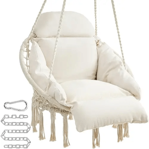 SONGMICS Hanging Chair, Hammock Chair with Large, Thick Cushion, Boho Swing Chair for Bedroom, Patio, Balcony, Garden, Holds up to 264 lb, Accessories Included, Cream White UGDC042M01
