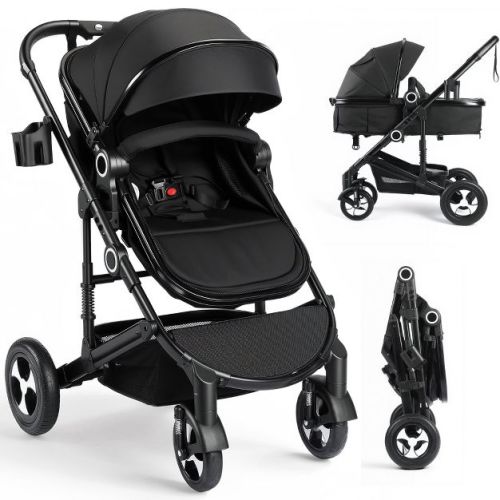 Kinder King Cozi 2 Convertible Baby Stroller, Folding High Landscape Infant Carriage, Adjustable Canopy, Diaper Bag, Anti-Shock, Black&Silver