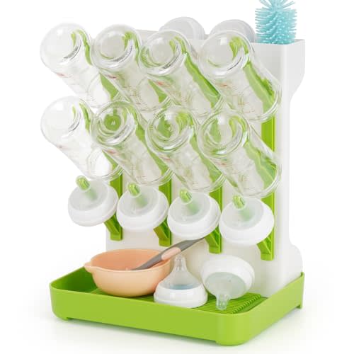 Flysich Baby Bottle Drying Rack, Space Saving Baby Bottle Organizer for Countertop, Vertical Bottle Dryer Holder with Brushes Holder, Large Bottle Storage Holder 12 Bottles & Baby Accessories Green