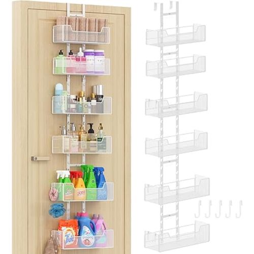 Over The Door Organizer, Metal Hanging Door Organizer with 6 Adjustable Baskets and 5 Hooks, Behind The Door Storage for Closet Pantry Cabinet Kitchen Bathroom Bedroom, White