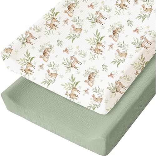 Konssy 2 Pack Muslin Changing Pad Cover for Baby Girls Boys 100% Cotton Fitted Diaper Changing Table Cover Set, Soft Changing Pad Sheets (Woodland,Sage)