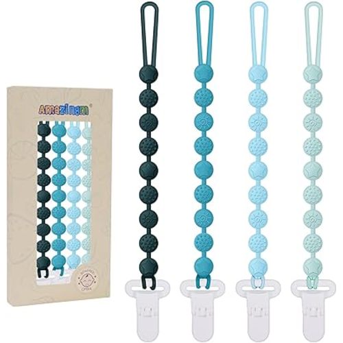 One Piece Design Silicone Pacifier Clip Holder,Pack of 4 Flexible Paci Leash,Binky Clips with Textures for Baby Boys and Girls,Newborn Essential (Green)