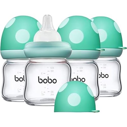YOHKOH Natural Glass Baby Bottle with Natural Response Nipple, Newborn Anti-Colic Baby Bottles, Wide Neck Mushroom Cap Baby Bottle, Clear (3.4oz (Pack of 4), Blue)