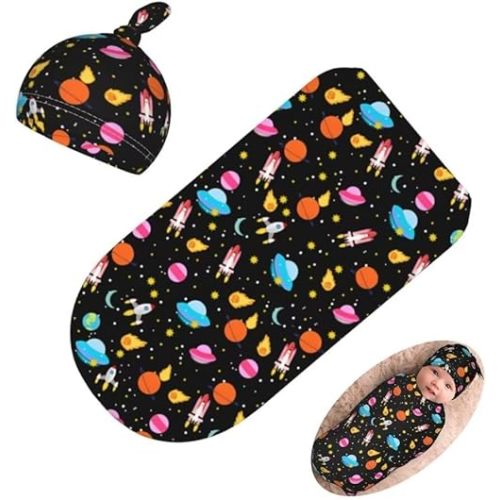 Space Galaxy Newborn Swaddling Blanket Beanie Hat Sets Soft Baby Receiving Funny Constellation Blanket Soft Sleeping Bag New Born Soft Sleep Sacks for Boys Girls