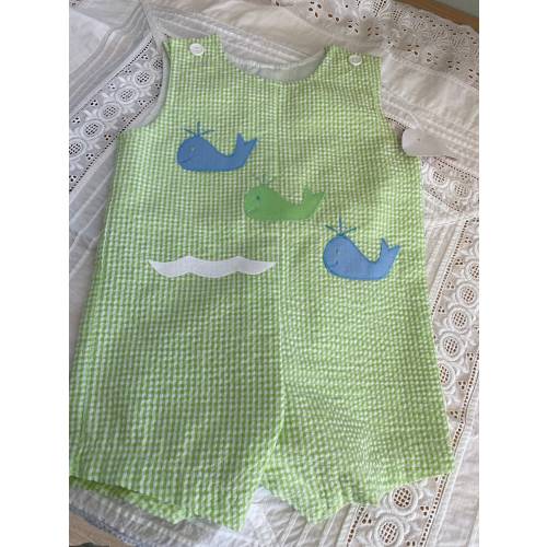 Vintage baby boy romper, green and white summer striped one piece whale outfit, baby outfit, new old stock