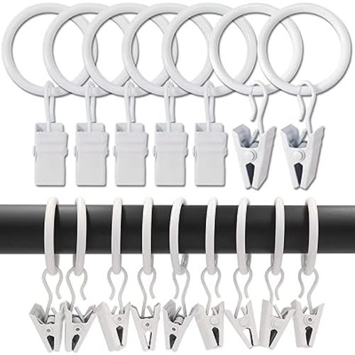 100 Pack Curtain Rings with Clips, Curtain Clip Rings Hooks, Bow Hanger Clips for Hanging Drapery Drapes Bows, Ring 1 inch Interior Diameter, Fits up to 5/8" Rod, White