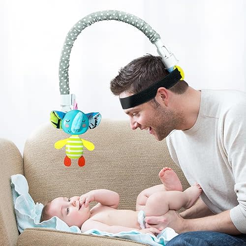 3 in 1 Diaper Changing Helper Headband, Baby Distracter Attention Dingle Rattle Toys Gift, Baby Shower Newborn Essentials Must Haves, Silly Dangle Fun Mobiles for Crib, Crinkle & Squeaky