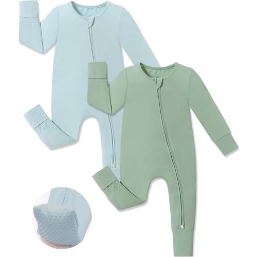 JunNeng Viscose from Bamboo Sleeper with Mittens, 2 Way Zipper Baby Boy Pajamas, Non Slip Sleep'N Play Romper