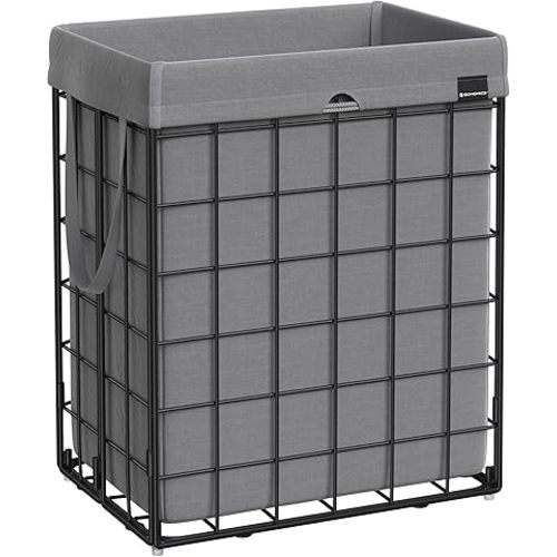 SONGMICS Laundry Hamper, 23.8 Gal. (90L) Laundry Basket, Collapsible Clothes Hamper, Removable and Washable Liner, Metal Wire Frame, for Bedroom Bathroom, Black and Gray ULCB190G01