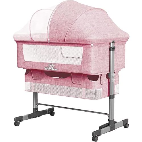 Napfox Baby Bassinet, Bedside Sleeper,Foldable Baby Bed to Bed, Adjustable Portable Bed for Infant/Baby/Newborn,with Mosquito Nets, Large Storage Bag, Comfortable Mattresses, Lockable Wheels (Pink)