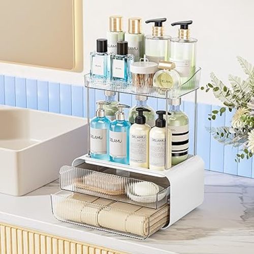 Delamu Bathroom Counter Organizer 2-Drawers 2-Tier Acrylic Makeup Organizer for Vanity Countertop, Skincare Perfume Storage, Easy Assembly, Ideal Gift for Women, Bath Linen Sets, Clear