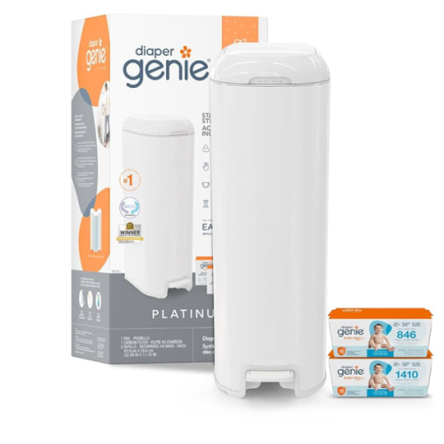 Diaper Genie Platinum Pail Gift Set, Lily White, Made of Durable Stainless Steel and Includes 2 Easy Roll Refills with 18 Bags and 30 Bags