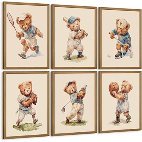 Nursery Bear Wall Art Boy Sports Canvas Wall Decor Baby Nursery Prints Vintage Teddy Bear Poster Boy Room Wall Art Kids Animal Pictures Painting for Bedroom Playroom 8x10 Inch Wood Framed Set of 6