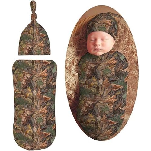 Hunting Camo Newborn Swaddle Blanket with Beanie Set Soft Baby Sleep Sack Stretch Adjustable Swaddle Wraps Receiving Blankets