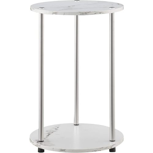 Convenience Concepts Designs2Go No Tools 2-Tier Round End Table, Faux White Marble/Chrome