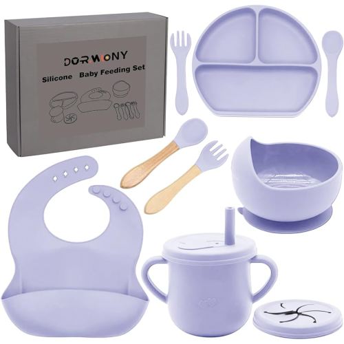 100% Silicone Baby Feeding Set,BPA Free Baby Dishes Set with Suction Bowl Divided Plate,Toddler Self Feeding Dish Set with Spoons Forks Sippy Cup and Bib, Baby Eating Utensils(Purple)