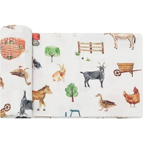 LifeTree Muslin Swaddle Blankets, Baby Swaddles Blanket for Boys Girls Neutral Newborn Nursery Essentials, Registry, Soft Large 47" x 47", Farm Animals, 70% Viscose from Bamboo and 30% Cotton
