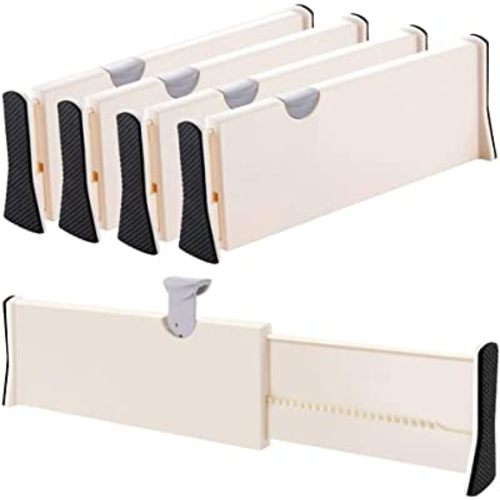 Drawer Dividers Organizer 4 Pack, Adjustable Separators 4" High Expandable from 11-17" for Bedroom, Bathroom, Closet,Clothing, Office, Kitchen Storage, Strong Secure Hold, Foam Ends, Locks in Place