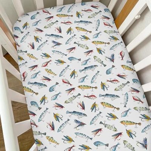 Watercolor Lures Flys Baby Crib Sheets for Boys Girls Fishermen Lures Hooks Soft Snug Fitted Crib Mattress Covers for 52''x28'' Standard Crib & Toddler Mattress Fishing Lovers Gift Baby Bed Sheets