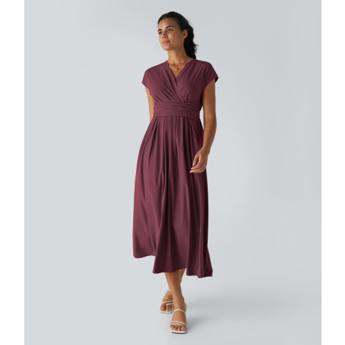 Breezeful™ V Neck Short Sleeve Side Pocket Tie Back Quick Dry Midi Casual Dress