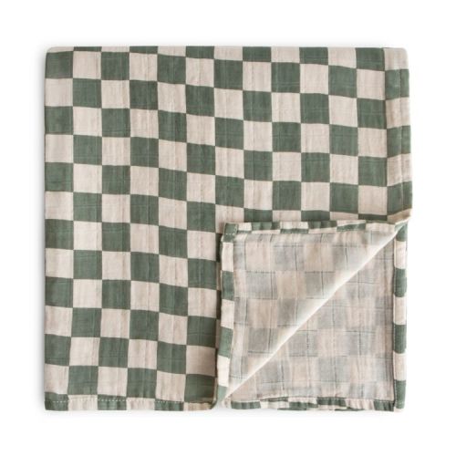 Organic Cotton Muslin Swaddle Blanket Olive Check One Size