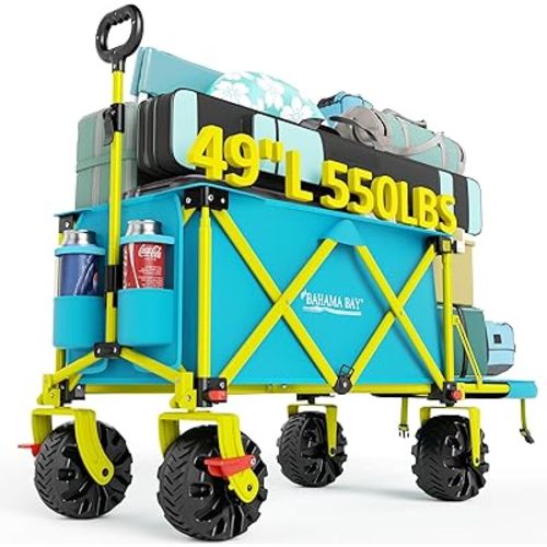49" L Extra Long Beach Wagon with Tailgate,Big Wheels with Brake for Sand, Collapsible Utility Beach Cart Heavy Duty Folding Wagon,Ideal for Outdoor Sand Camping Garden Pet