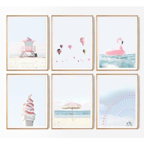 Beach Print Set of 6 Summer California Beach Nursery Prints Coastal Prints Set Teen Girl Room Decor Pastel Pink Beach Art Set Santa Monica