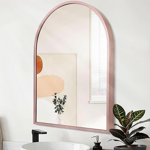 Arched Wall Mirror for Bathroom,Mirrors for Wall Vanity Mirror Decor Bedroom Vanity Entryway Living Room, Metal Frame 26"x18" Rose Gold