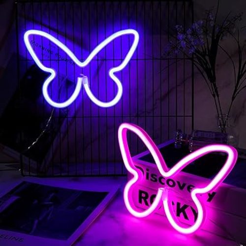 Riakrum 2 Pcs Butterfly Neon Signs LED Light 3AA Battery Powered USB Operated Wall Neon Light Decor Butterfly Wall Art for Christmas Home Bedroom Birthday Party Decor(Pink, Blue)