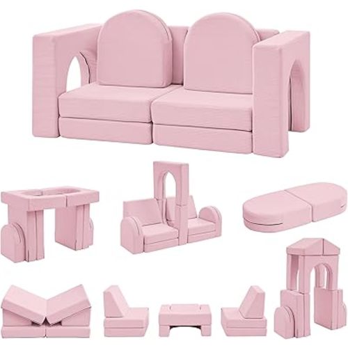 wanan Kids Couch 10PCS, Toddler Couch with Modular Kids Couches for Playroom Bedroom, 10 in 1 Multifunctional Toddler Couches for Playing, Indoor Kid Sofa for Boys Girls (Corduroy Pink)