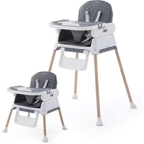 3 in 1 Baby High Chair,Adjustable Convertible Infant Baby Feeding Chair Booster for Eating with Detachable Double Tray,5 Point Harness,Deep Gray