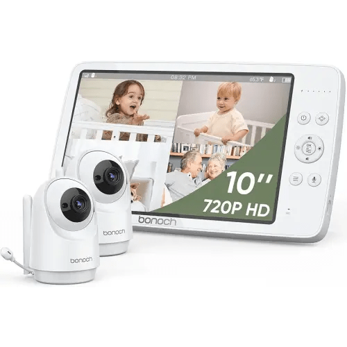 bonoch MegaView Baby Monitor, 10" Video Baby Monitor with 2 Cameras, 10000mAh Battery, Quad Split Screen Baby Monitor with Camera and Audio, VOX Mode, Auto Night Vision, Remote PTZ, Hack Proof