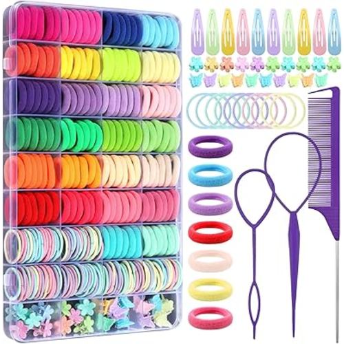 Hair Accessories for Girls - 360 Pieces Toddler Elastic Hair Ties, Hair Clips, and Hair Tail Tools in 31 Colors
