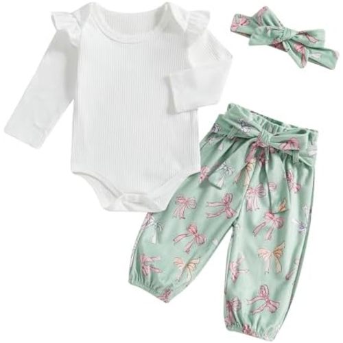 Kaipiclos Ropa de bebé recién nacida para niña de 0, 3, 6, 12, 18, 24 meses, mameluco de punto acanalado, pantalones con estampado de margaritas, diademas para bebés, ropa para niñas