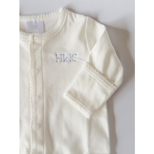 Monogrammed Picot Trim Footie- Pink, Blue, White Trim