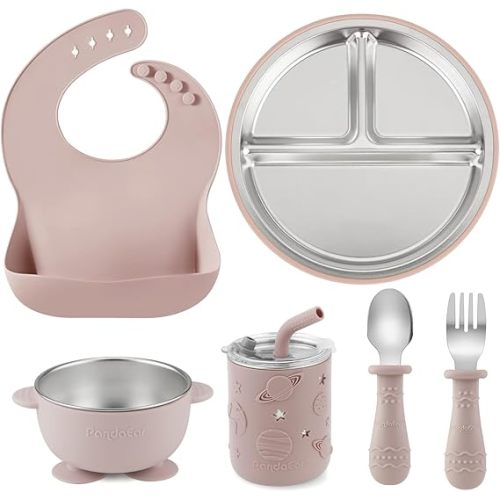 PandaEar 6-in-1 Stainless Steel Baby Feeding Set | Divided Suction Plate, Bowl, Sippy Cup with Straw, Bib, Spoon & Fork | BPA-Free Toddler Feeding Essentials for Self-Feeding (Pink)