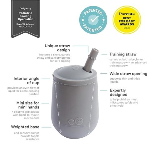 ezpz Mini Cup + Straw Training System - 9 Months+ (Gray) - 100% Silicone Training Cup for Infants + Toddlers - Designed by a Pediatric Feeding Specialist