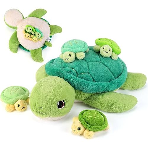 gnomantic 5 Pieces Turtle Stuffed Animals - 1 Mommy Stuffed Turtle with 4 Babies - Tortoise Gifts for Girls Age 3-8, Tortoise Plush Toys for Christmas, Valentine's, Birthday Gifts