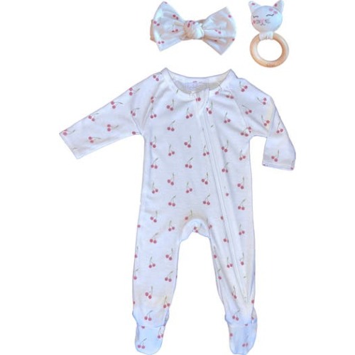 Cherry Footie, Bow & Teether Ring Set