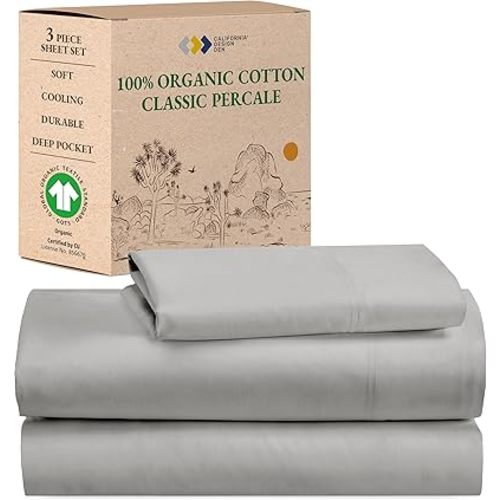 California Design Den Twin Sheet Set - Soft 100% Organic Cotton Bed Sheets with Deep Pockets, Crisp Percale, Breathable and Durable Bedding Set - Light Grey