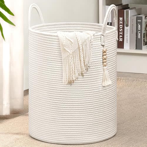 Goodpick White Laundry Basket with Handles, Tall Woven Laundry Hamper for Clothes, Towels, Pillows, Toys, Decorative Blanket Basket for Living Room, Bedroom, Playroom, 16 x 20 inches