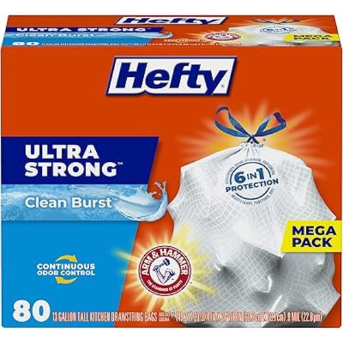 Hefty Ultra Strong 13 Gallon Trash Bags, Tall Kitchen Trash Bags 13 Gallon Size, Drawstring Closure, Continuous Odor Control, White, Clean Burst Scent, 80 Bags