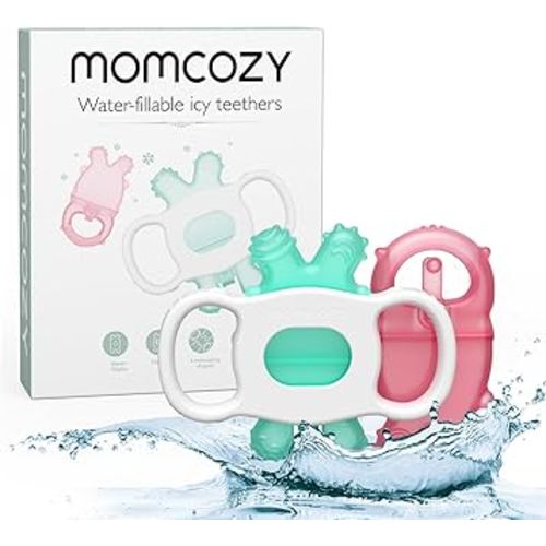 Momcozy Baby Teether Toys, Water Fillable Teether Silicone Cold Teether, Baby Teething Toys Chill Teether, Baby Water Teether for Teething Relief 0-12 Months, Green and Pink 2 Pcs