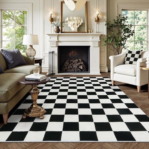 Lahome Washable 6x9 Rug for Living Room Checkered, Modern Black and White Cotton Woven Rugs for Classroom Bedroom Nursery, Large Washable Low Pile Checkerboard Carpet for Kids