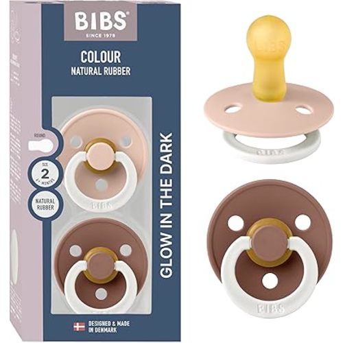 BIBS Colour Night Glow in The Dark Soother 2-Pack, BPA Free Dummy Pacifier, Round Nipple. Natural Rubber Latex, Made in Denmark, Size 2 (6-18 Months), Blush Glow/Woodchuck Glow