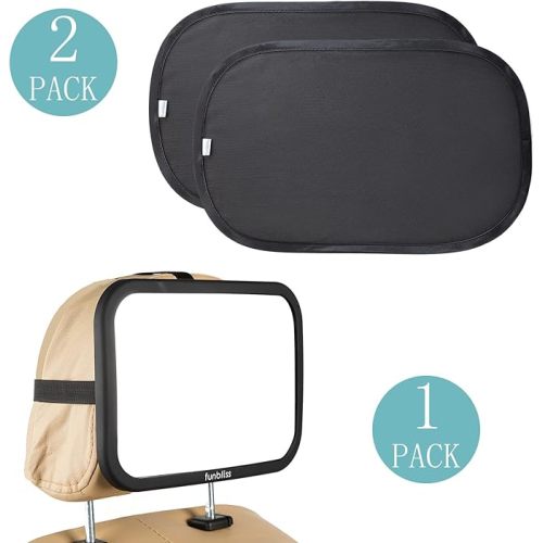 Funbliss Baby Car Mirror + 2-Pack Car Window Shades Bundle -100% Shatterproof, Wide Angle Convex