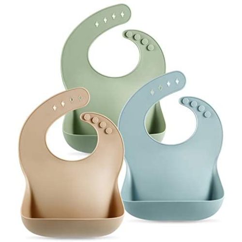 PandaEar (3 Pack) Cute Silicone Baby Bibs for Babies & Toddlers (10-72 Months) Waterproof, Soft, Unisex, Non Messy (Brown/Blue/Green)