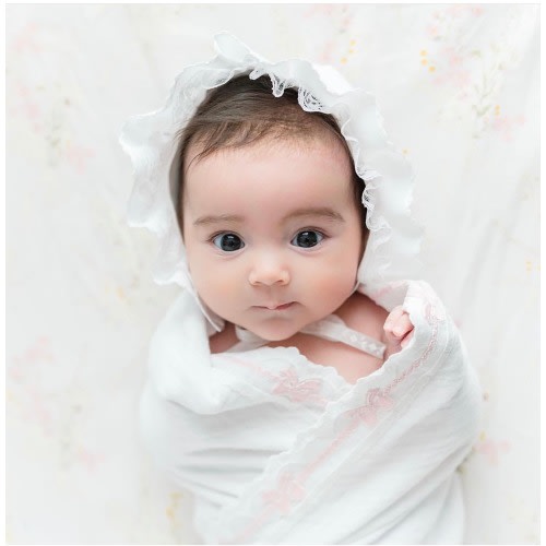 Heirloom Baby Girl Swaddle Blanket and Bonnet Set { White & Pink } Pink Bow Trim Finishing - Infant / Newborn Photo / Photography