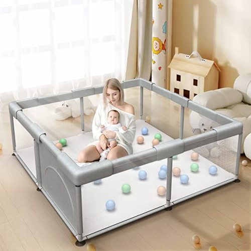 Baby Playpen Baby Playard, Playpen for Babies and Toddlers with Gate, 51x51" Baby Fence, Sturdy Safety Playpen, Indoor & Outdoor Kids Activity Center (with Anti-Slip Base) - Standard (Gray)
